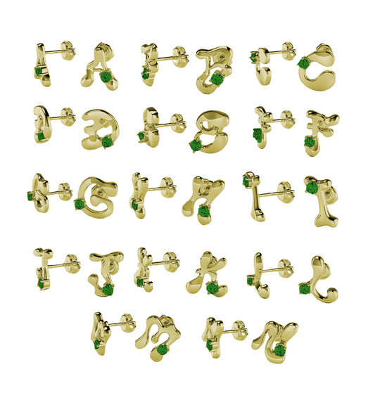 Gold Letter Earring w Emerald